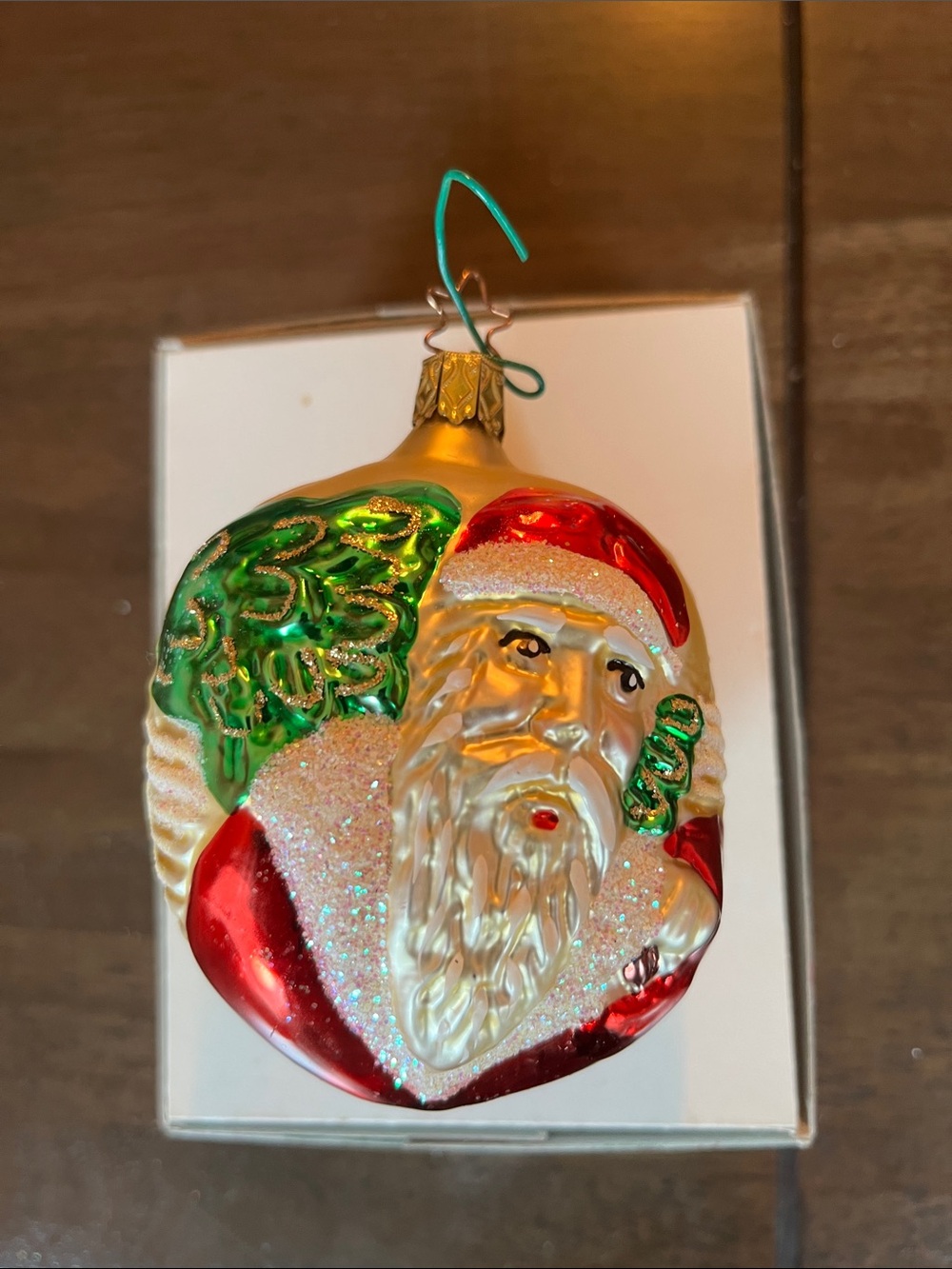 Glass Santa Ornament in Red, Green and White - Holiday Tree Decoration